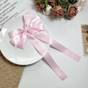 Détail d'un nœud à cheveux en satin rose avec de longs rubans sur une assiette