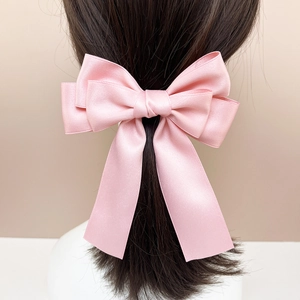 Elegant multi-layer pink satin bow hair clip with long ribbons for back of head