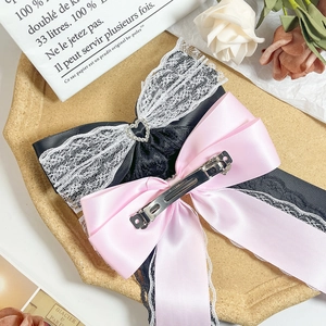 Sweet lace bow hair clips with heart rhinestones and ribbons in pink and black