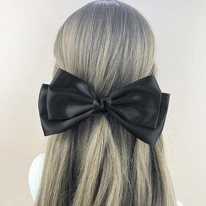 Elegant large black multilayer satin bow hair clip for women with French style aesthetics