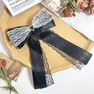 Lace bow hair clip with heart rhinestone and long ribbons in French vintage style