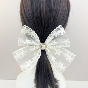 French Elegant Lace Bow Hair Clip With Artificial Pearl Rhinestone Retro Mesh Floral Large Spring Clip Hair Accessory For Women