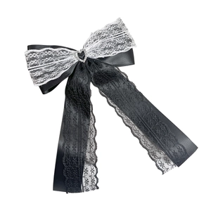 Sweet lace bow hair clip with heart rhinestone and ribbons in black and white