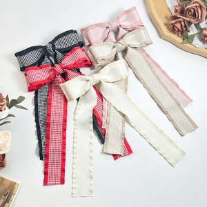 French Houndstooth Bow Hair Clip With Long Streamer Ruffle Edge Preppy Style Webbing Ribbon Hairpin Elegant Accessories For Women