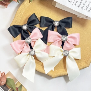 Sweet Korean Style Satin Fabric Ribbon Bow Hair Clip Heart Rhinestone Decor Duckbill Clip Elegant Women Hair Accessories