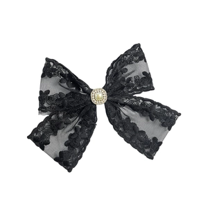 Elegant French hollow lace bow hair clip with vintage pearl center in black