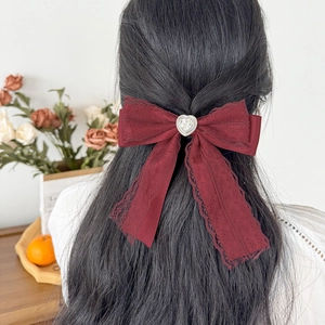 Japanese style wine red lace bow hair clip with heart crystal for elegant hairstyles