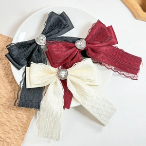 Elegant Lace Ribbon Bow Hair Clip For Women Sweet Heart Rhinestone Duckbill Clip Vintage Aesthetic Handmade Hair Accessory