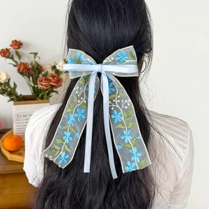 Handmade Embroidery Flower Bowknot Hair Clip With Long Streamers Spring Clip Sweet Fairy Hair Accessories For Women Girls
