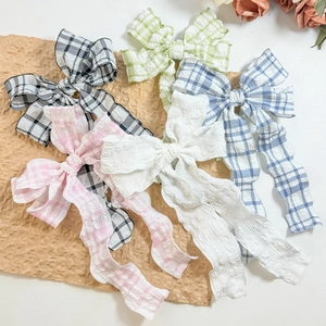 Elegante Fermaglio per Capelli a Fiocco Seersucker Grande Fiocco Francese Nappina Lunga Dolce Estetica Motivo a Griglia Clip a Becco d'Anatra Donna