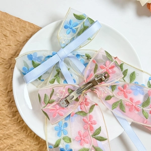 Embroidered organza flower bow hair clips with spring metal clasp for women