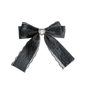 Japanese style black lace bow hair clip with heart rhinestone accent for women