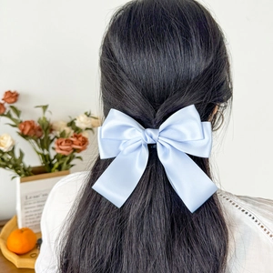 Elegant large light blue satin double bow hair clip for women, handmade silk ribbon hair accessory