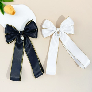 Barrette à Cheveux Nœud en Satin Élégante Avec Pendentif Künstliche Perle Bordure Dorée Ruban Style Français Pour Femmes