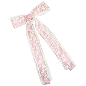 Eleganter rosa Spitzen-Haarclip mit Blumenstickerei und langen fließenden Bändern