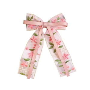 Sweet pink floral embroidery bow hair clip with long ribbons and mesh lace design
