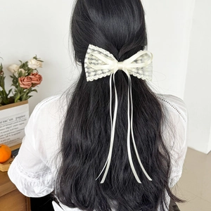 Eleganter cremefarbener Spitzen-Haarclip mit Stickerei und Satinbändern für Damenfrisuren
