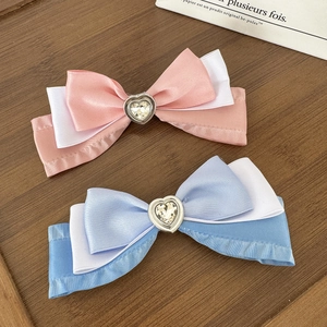 Sweet Three Layer Ribbon Bow Alligator Hair Clip For Women With Heart Rhinestone Elegant Daily Party Hair Accessory