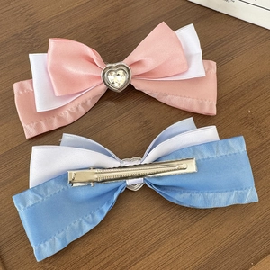 Three-layer bow hair clip with heart crystal and secure metal alligator grip