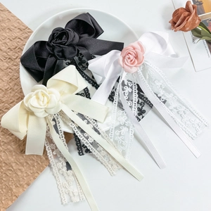Women Lace Bow Hair Clip With Long Ribbon Streamers 3D Fabric Rose Flower French Vintage Sweet Pastoral Style Hair Accessories