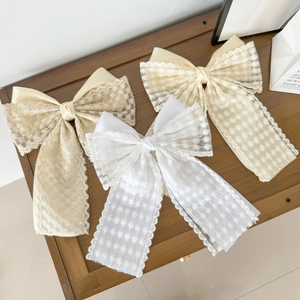 French Vintage Elegant Lace Satin Bow Hair Clip Large Floral Daisy Embroidery Ribbon Hairclip For Women Daily Wedding Party