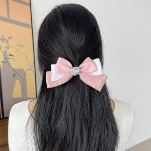 Three-layer pink and white silk bow hair clip with a silver heart crystal for women