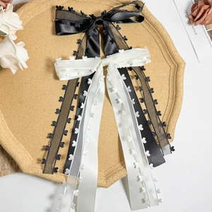 French Elegant Satin Organza Double Layer Bow Hair Clip With Heart Lace Long Ribbon Sweet Hair Accessories For Women