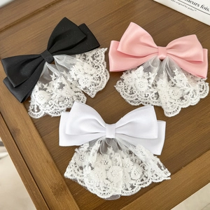 Three-piece set of satin bow hair clips with white floral lace in black pink and white