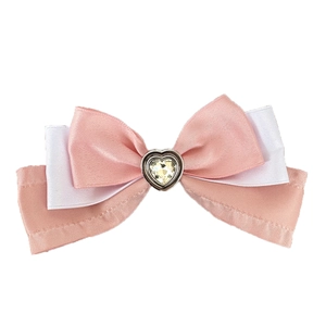 Elegant three-layer pink and white bow hair clip with a heart-shaped crystal center