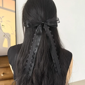 Elegant black satin bow hair clip with heart lace ribbons for women hair accessory