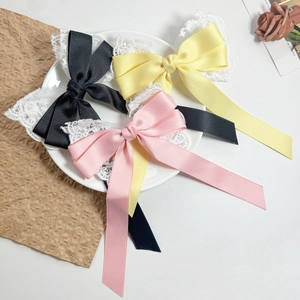 French Vintage Satin Bowknot Hair Clip With Long Streamer Lace Embroidery Duckbill Clip Sweet Hair Accessories For Women