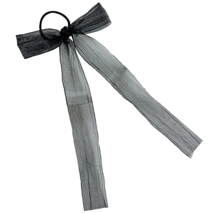 Elegant black mesh bow hair tie with long ribbons for women minimalist ponytail style