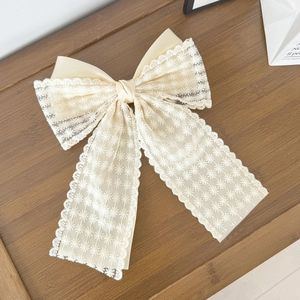 Close-up of elegant cream lace bow with daisy floral embroidery and satin texture