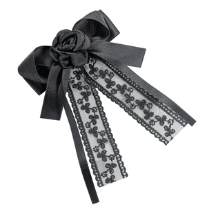 Elegant black lace ribbon bow hair clip with rose flower detail in gothic lolita style