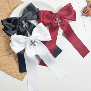 Gothic Satin Bow Hair Clip With Vintage Alloy Cross Pendant For Women Sweet Cool Style Lolita Spring Clip Hair Accessory