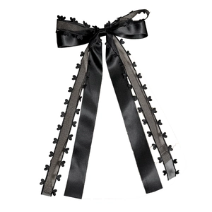 Elegant black double-layered bow hair clip with heart lace trim and long ribbon streamers