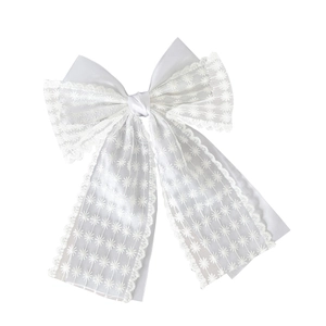 Elegant white lace bow hair clip with daisy embroidery and long flowing ribbons