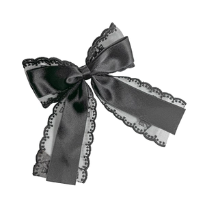 Elegant black satin and lace bow hair clip for women in a classic 45-degree top view