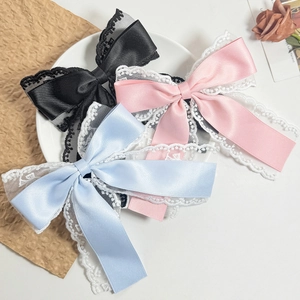 French Vintage Satin Lace Bow Hair Clip Elegant Sweet Lolita Double Layer Spring Clip Hair Accessory For Women Girls