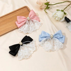 Fairy Lace Bow Hair Clip Sweet Satin Ribbon Barrette With Faux Artificial Pearl Rhinestone For Women Elegant Headwear Daily Party Accessory