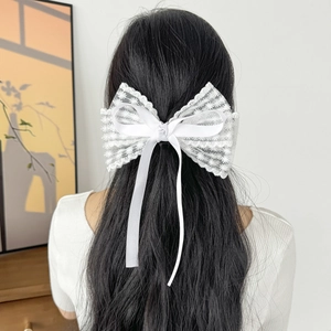 Barrette à cheveux élégante en dentelle blanche avec broderie florale portée par un modèle