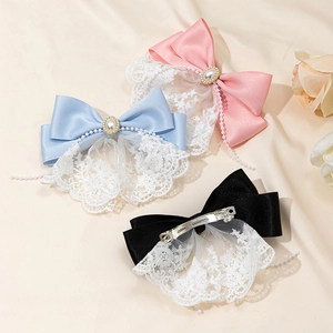 Elegant lace bow hair clips set in pink, blue and black with pearl and crystal details