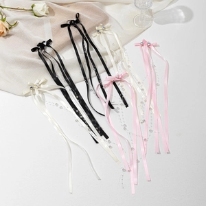 Sweet Satin Ribbon Bow Hair Clip With Long Artificial Pearl Tassel Heart Rhinestone Streamer Duckbill Clip Fashion Hair Accessories