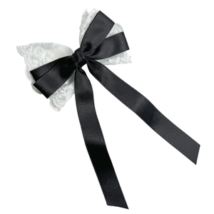 Elegant double-layered bow hair clip with black satin ribbons and white lace embroidery
