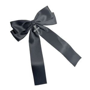 Elegant black satin bow hair clip featuring a vintage silver cross pendant for women