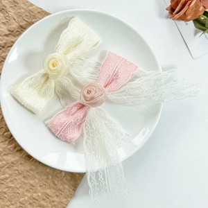 Korean Style Lace Flower Bow Hair Clip Elegant Fabric Rose Long Ribbon Tassels Sweet Duckbill Clip For Women Party Hair Accessory