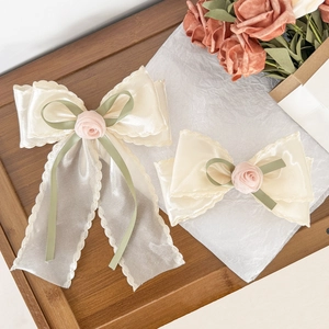 Sweet Mesh Bow Flower Hair Clip For Women Elegant Satin Ribbon Streamer Spring Clip Floral Back Of Head Hair Accessories