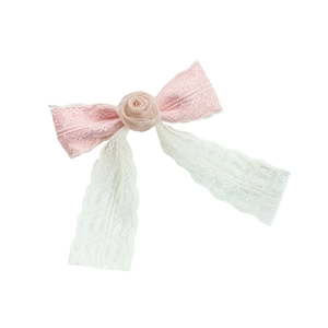 Pink lace flower hair clip with rose and elegant long white ribbons for women