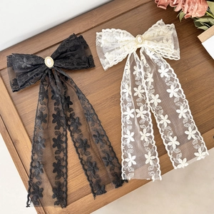 Elegant Lace Bow Hair Clip With Artificial Pearl Rhinestone Long Streamer French Vintage Spring Clip Hair Accessory For Women Jewelry