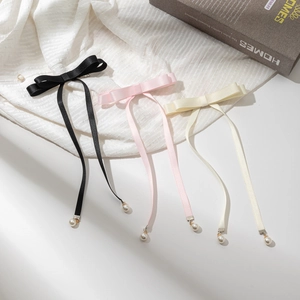 Lot de 3 pinces à cheveux à nœud avec longs rubans et pendentifs en perles, noir, rose et crème